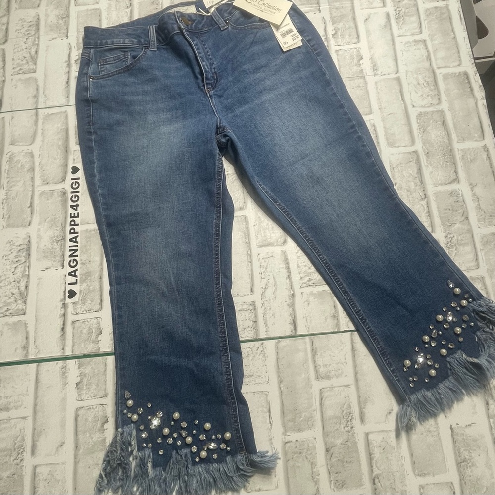 Cato Blue kick-Flare crop Jeans Fringe Embellishments Hi-rise. Size 10P. NWT.new
